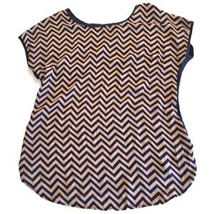 Emi & Joe Blouse‎ Women's Large L Short Sleeve Chevron Pullover Navy Tan